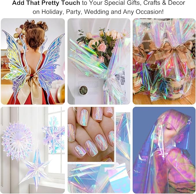 34 in x 66 Ft Iridescent Cellophane Wrap Roll - Extra Wide Cellophane Paper - Iridescent Transparent Cellophane Roll Plastic Wrap for Gift Baskets, Treats, Crafts, Party & Christmas Gift Wrapping