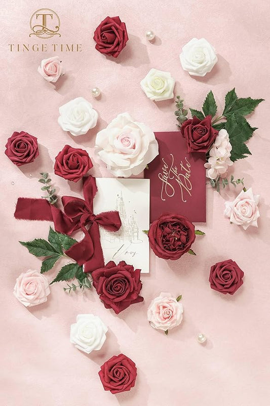 TINGE TIME Artificial Flowers Red & Blush Pink Flower Combo for DIY Wedding Bouquets Table Centerpieces Arrangements Party Baby Shower Home Decorations