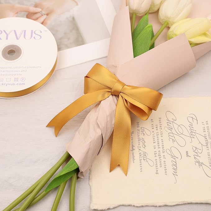 Old Gold Satin Ribbon, Double Faced 1 Inch X 50 Yards Old Gold Ribbon, Premium Satin Ribbons for Gift Wrapping, Crafts, Hair Bow Making, Sewing, Flower Bouquet, Wedding Party Decor