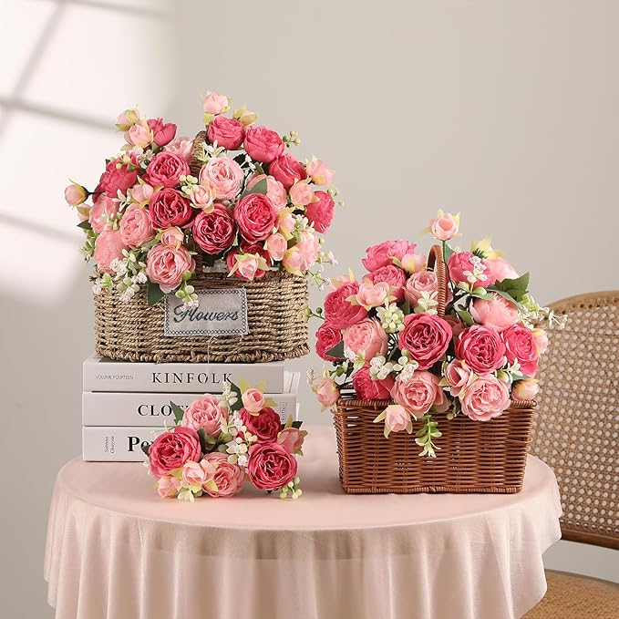Floweroyal 2 Bunches Peony Artificial Flowers Pink Flowers Silk Peonies Bouquets for Wedding Party Table Centerpieces Floral Arrangement Home Kitchen Decor