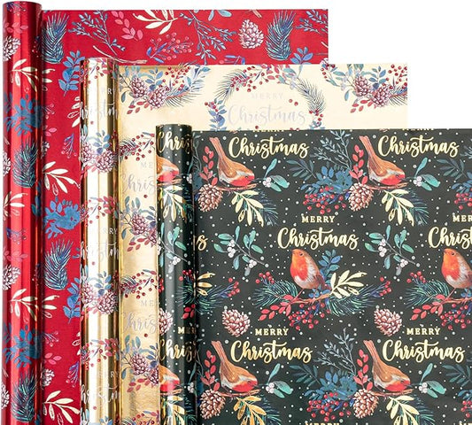 WRAPAHOLIC Christmas Wrapping Paper Roll - Mini Roll - 3 Rolls - 17 Inch x 120 Inch Per Roll - Bird, Christmas Garland, Holly and Pinecones Holiday Design with Metallic Foil Shine