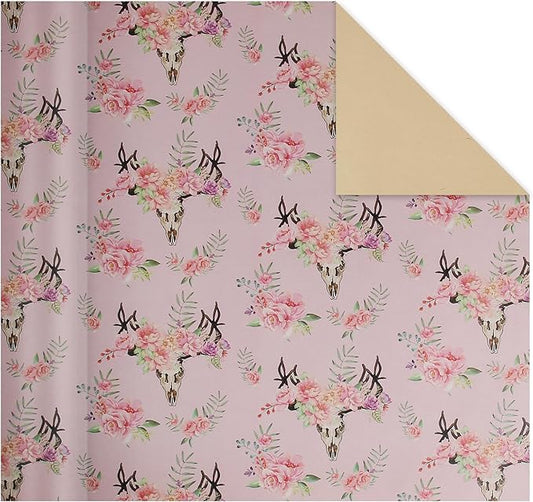 Aimyoo Pink Skull Floral Kraft Wrapping Paper Jumbo Roll, Gothic Gift Wrap Paper for Birthday Bridal Shower 17 in x 60 ft