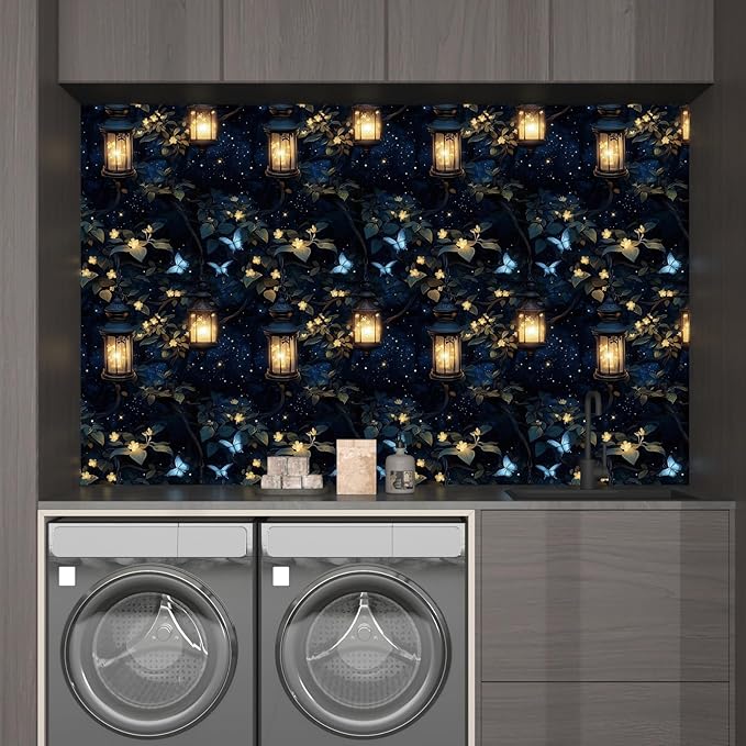 Dark Wallpaper Peel and Stick Night Forest Contact Paper Vintage Green Leaf Wall Paper Vinyl Waterproof Self Adhesive Retro Lantern Butterfly Walls Mural for Bedroom Cabinet Table Décor17.5" x 118"