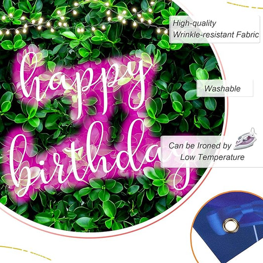 7x5ft Green Leaves Happy Birthday Decoration for Women Shiny Pink Neon Sign Party Backdrop Banner for Girl Princess 20th 30th 40th 50th Birthday Background Photo Booth Props