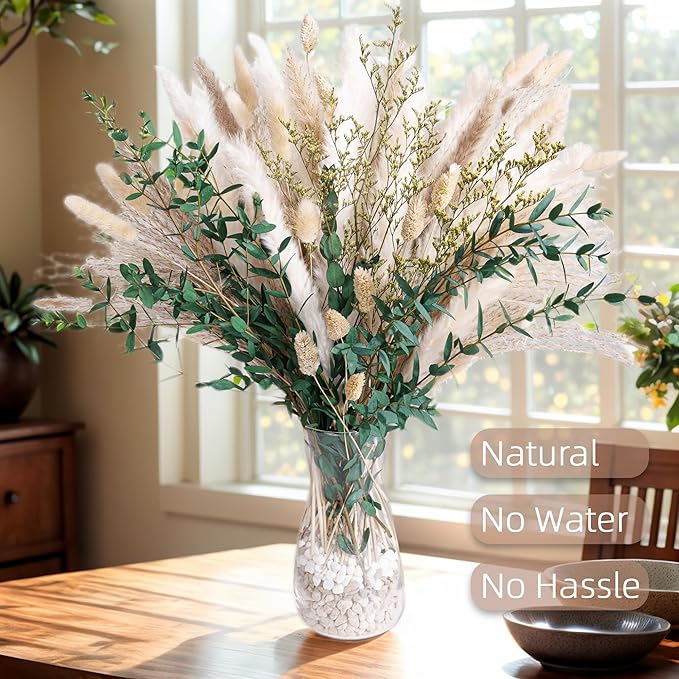 Green Pampas Grass Bouquet – Boho Home & Wedding Floral Arrangements – Dried Pampas Grass Decor for Living Room, Fireplace, and Modern Farmhouse
