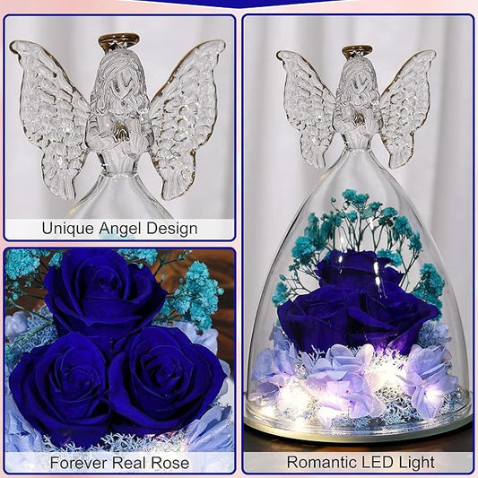 Christmas Rose Gifts for Women Preserved Real Flower in Glass Angel Figurines Roses for Delivery Prime Birthday Gifts for Mom Grandma Girlfriend Wife Her, Dark Blue