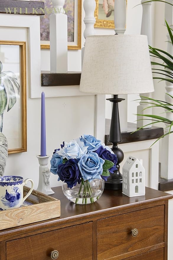 WELL KNOWN Silk Rose Artificial Flowers with Vase Artificial Rose Flower Arrangements in Round Bowl Vase with Faux Water for Home Table Decoration (Bicolor Blue)