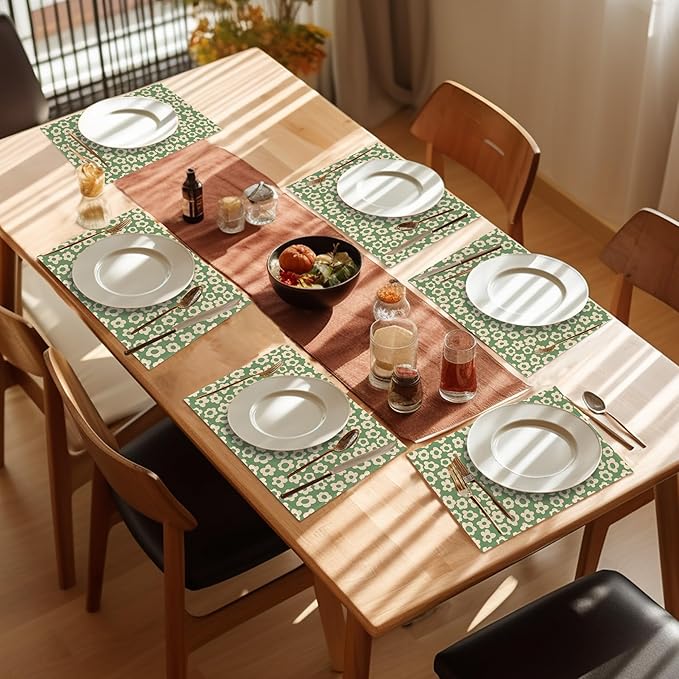 Groovy Green Flower Placemats Set of 6,Washable Heat Resistant 12×18 Inch Linen Table Mats Daisy Place Mats for Party Outdoor Dining Décor