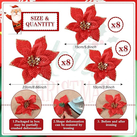 WILLBOND 24 Pcs 3 Size Poinsettia Flower Artificial Christmas Decor Glitter Poinsettia Christmas Ornaments Faux Flowers for Xmas Tree Outdoor(4/6/7.9 Inches,Red)