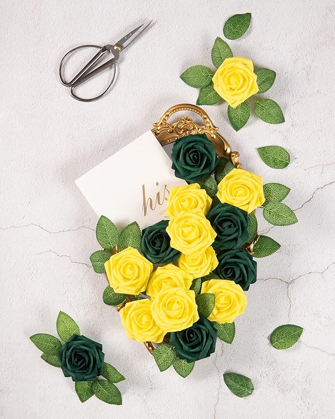 DuHouse 25Pcs Artificial Roses Flowers Fake Roses with Stems Real Touch Foam Flowers for DIY Wedding Bouquet Baby Shower Centerpiece Floral Arrangement Party Home Decor(Yellow)