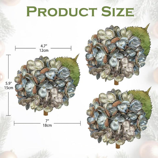 Hollyone Christmas Tree Ornaments 3Pcs Artificial Hydrangea Flowers with Clips Glitter Fake Hydrangea Flower for Christmas Tree Floral Vintage Faux Hydrangea for Wedding Party Xmas Blue
