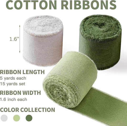 Keypan Green Ribbon 1-1/2 x 15 Yards Handmade Cotton Frayed Fringe Fabric Ribbons for Crafts Flower Bouquets Wedding Baby Shower Home DIY Decor
