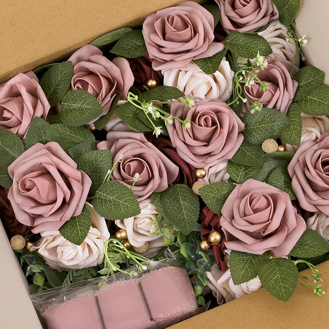 DORIS HOME Wedding Aisle Decorations Mauve Pew Flowers Set of 10 for Wedding Ceremony Party Chair Decor with Artificial Flowers Eucalyptus and Ribbons