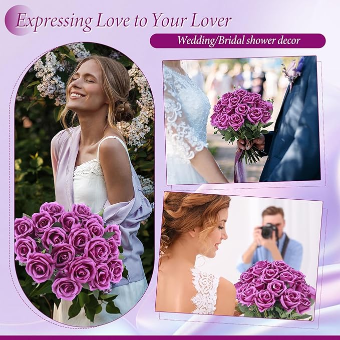 Hotop 40 Pcs Rose Artificial Flowers Bulk with Long Stem,Realistic Silk Fake Roses Bouquet for Home Wedding Centerpieces Party Table Decoration Valentines Gifts(Purple)