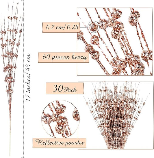 Geosar 30 Pcs Christmas Artificial Glitter Berry Stem Decorations 17 Inch Faux Stick Floral Pick Centerpiece Bouquet Flower Bead Twigs for Centerpiece Tree Wreath Xmas Ornaments Home(Rose Gold)