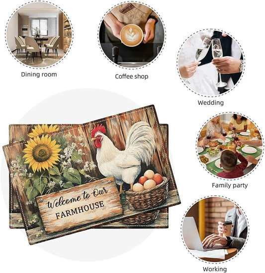 Farmhouse Rooster Placemats Set of 6, Rustic Chicken Place Mats, Country Sunflower Dining Table Mats, Washable Placemats for Kitchen Dining Room Home Decor 18L'' × 12W''