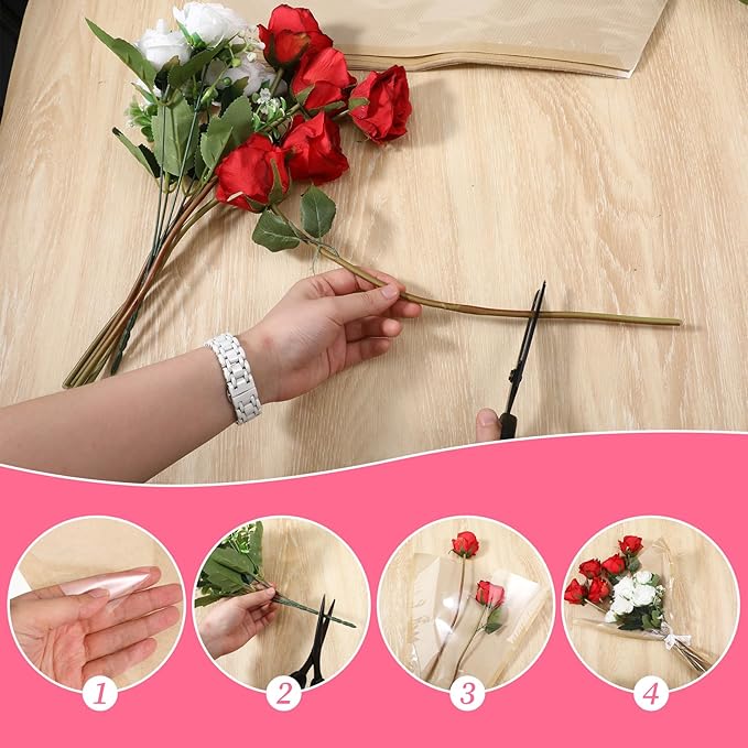 Exclaith 100 Pcs Flower Bouquet Wrapping Paper, Paper Clear Flower Sleeves Bulk Flowers Bags with Ribbons for Bouquets, for Florist Supplies, Mother's Day, Valentine's Day, Graduation, 15.7x13.8 Inch
