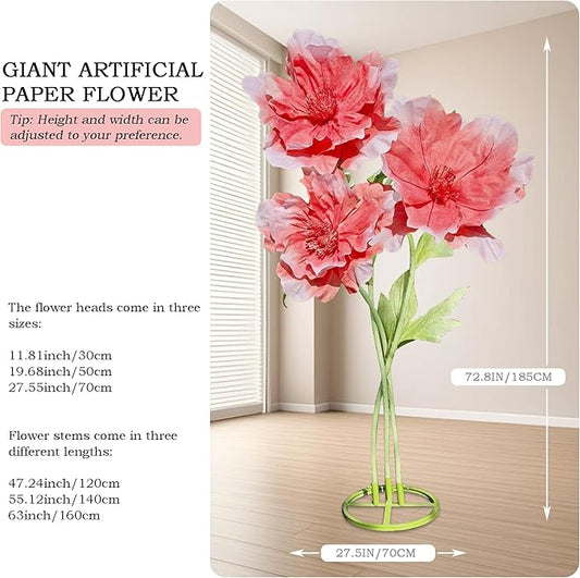 3pc Artificial Giant 3D Flowers Decorations - Huge Adjustable Height Faux Flower for Wedding Birthday Party Shop Window Display Arrangement Event Decoration (Red)