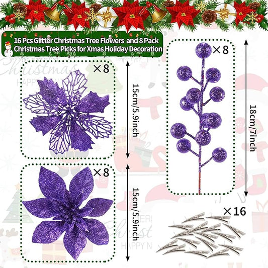 24Pcs Purple Glitter Poinsettia Christmas Tree Ornaments and Glitter Berries Stems, 16Pcs Christmas Artificial Flowers and 8 Pack Christmas Tree Picks for Wedding Xmas Holiday Decorations