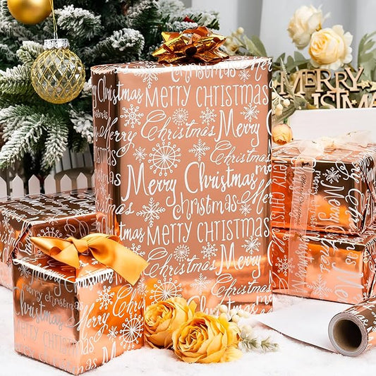 MAYPLUSS Foil Christmas Wrapping Paper - 17 Inch X 33 Feet - Girly Rose Gold MERRY CHRISTMAS Script and Snowflake Girl Winter Gift Wrap Present Paper Roll for Christmas, Holiday, Festive Decoration