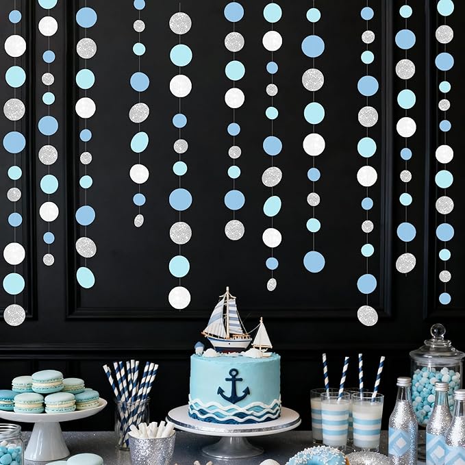 Dusty Blue Silver White Polka Dots Garland Hanging Paper Circle Dot Streamer for Nautical Baby Shower Birthday Wedding Engagement Bridal Shower Retirement Graduation Hen Party Decorations Supplies