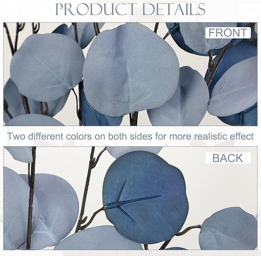 Blue Eucalyptus Stems Fake Eucalyptus Leaves 34” Long Silver Dollar Leaves 5 Pcs Silk Eucalyptus Stems for DIY Bouquet Arrangements Centerpieces Shower Decorations-Artificial Eucalyptus Spray
