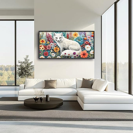 Framed Large Pictures Wall Art for Living Room, White Fox Oversized Wall Decor Animal Floral Canvas Print Painting Modern Extra Large Framed Artwork for Bedroom Office 60"x30"