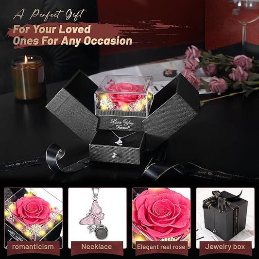 DRTINA Preserved Pink Real Rose with I Love You Butterfly Necklace-Eternal Flowers Rose Birthday Gifts for Women Wife Mom Girlfriend Grandma on Mothers Day Valentines Anniversary Christmas Romantic
