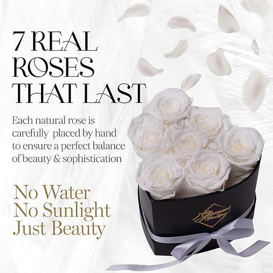 GLAMOUR BOUTIQUE 7 Flower Forever Heart Shape Box - Preserved Roses Gift for Her, Preserved Flowers, White