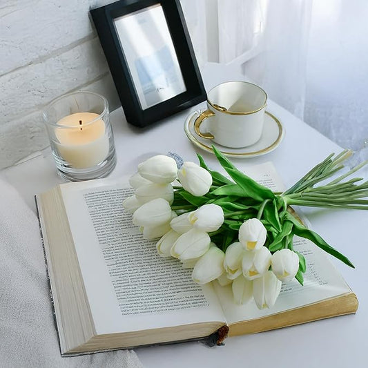 White Faux Tulips (20 Pcs) - Premium PU Artificial Flowers for Christmas & Thanksgiving Table Setting, Winter DIY Home Decor - 13.5" Real Touch