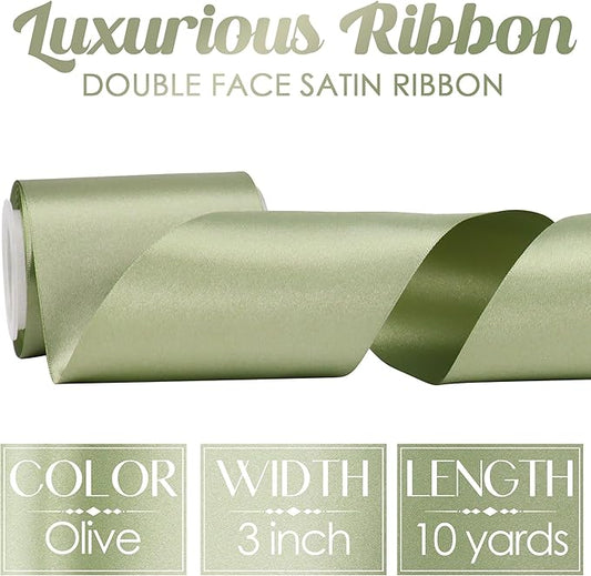 MEEDEE Green Satin Ribbon Lux Double Faced Satin Ribbon 3 Inch Green Christmas Ribbons by 10 Yards Olive Green Ribbons for Christmas Tree, Flower Bouquet, Weddings, Bow Making, Holiday Decorating