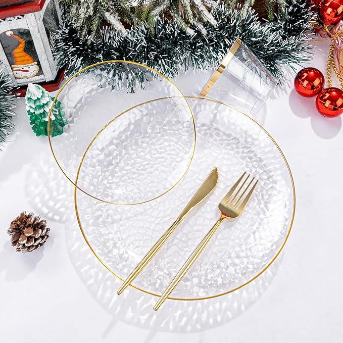 Rubtlamp 350 Pcs Clear Gold Plastic Plates, Hammered Disposable Dinnerware, Clear-Gold Plates Set Include 100 Plastic Platos, 150 Gold Disposable Silverware, 50 Cups And 50 Napkins for Christmas