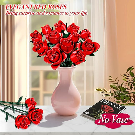 Flowers Bouquet Building Set, 12 Artificial Red Roses Botanical Collection Building Block Educational Toys Gift for Girls Kids Women Valentines Mothers Day Christmas Birthday Gift, 634 PCS