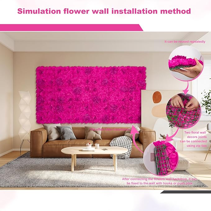 Artificial Flower Wall Backdrop 16PCs of 16.5x16.5 Inch Floral Wall Panels 3D Silk Rose Wall Decor for Weddind Stage Party Photo Background Home Decoration-Barbie Pink