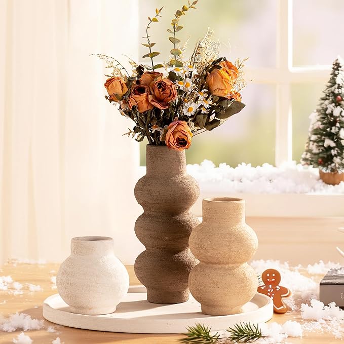Ceramic Vase Home Table Decor - Flower Vase Set of 3 Living Room Kitchen Decorations Farmhouse Modern Rustic Vases Decorative Centerpiece for Shelf Bedroom Office Bathroom Dining Coffee Desk