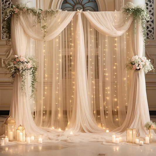 20ft x 10ft Champagne Backdrop Curtain with Lights String for Parties, Sheer Tulle Wedding Photo Backdrops Drapes for Baby Shower Birthday Party Decorations Background for Photography