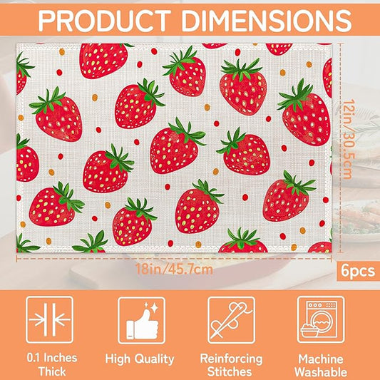 Cute Strawberry Placemat Set of 6,Heat Resistant Linen Table Mats for Indoor Outdoor Home Kitchen Dining Room Table 12x18Inch
