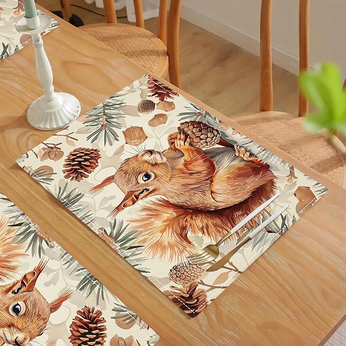 Squirrel Placemats Set of 6 Pine Cone Branch Fall Autumn Watercolor Table Mats Washable Place Mats for Home Party Indoor Kitchen Dining Table Decoration 12x18 Inch