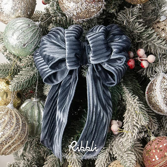 Ribbli Glossy Dusty Blue Velvet Wired Ribbon 4 Inch Striped Velvet Christmas Ribbon for Gift Wrapping Christmas Tree Decoration Crafts Wreaths Supplies-Continuous 10 Yards