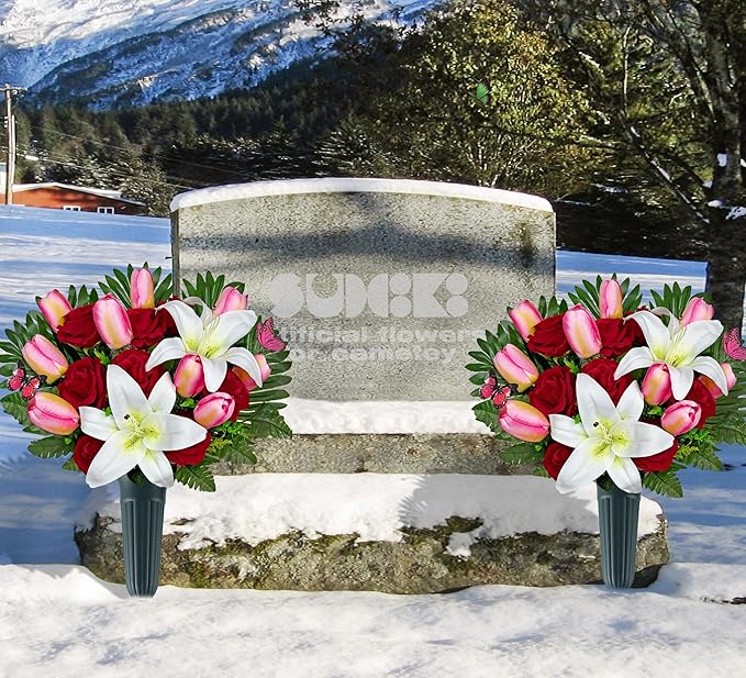 SUHOOKOO Artificial Cemetery Flowers for Outdoor Grave Decorations - Non-Bleed Colors, and Easy Fit - Pink Tulip,White Lily and Red Rose Bouquet