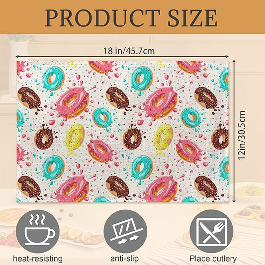 Doughnut Placemats Set of 6,Washable Heat Resistant 12×18 Inch Linen Table Mats Cute Place Mats for Party Outdoor Dining Décor