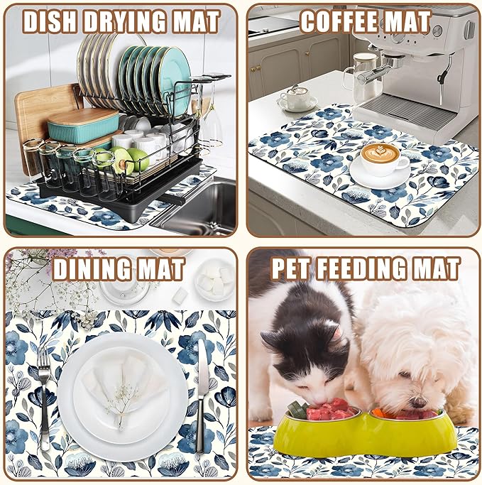 Blue Flowers Dish Drying Mat for Kitchen Counter Coffee Mat Hide Stain Absorbent Dish Drainer Rack Pad with Non-Slip Rubber Backed Espresso Machine Coffee Bar Accessories 11.8 x 19.7 Inch