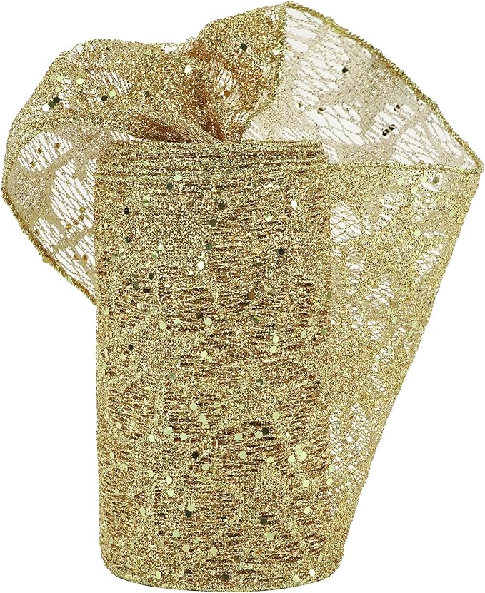 MEEDEE 6 Inch Wide Wired Ribbon Gold Glitter Mesh Web Wired Edge Ribbon by 10 Yards Roll Gold Mesh Wired Ribbons for Christmas Tree, Garland, Holiday Crafts, Wreaths, Bows, Centerpiece, Gift Wrapping