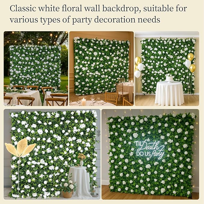 Large Size 8×8 Ft 3D Artificial Flower Wall Panels, Quick Assembly Storage White Floral Greenery Fake Backdrop Fence Screen for Wedding Baby Show Birthday Party Indoor Outdoor Garden Home Decor