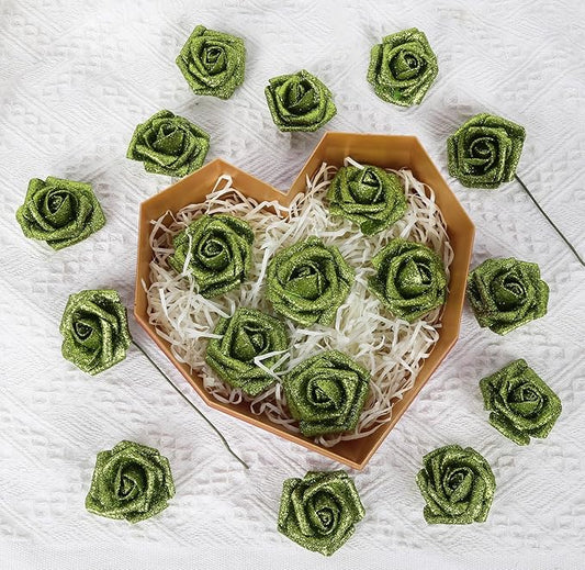 Green Glitter Foam Roses Artificial Flowers 30 PCS Artificial Flowers 2.17 in Glitter Flowers with Stem for DIY Wedding Bridal Bouquet Party Centerpieces Decor(Green)