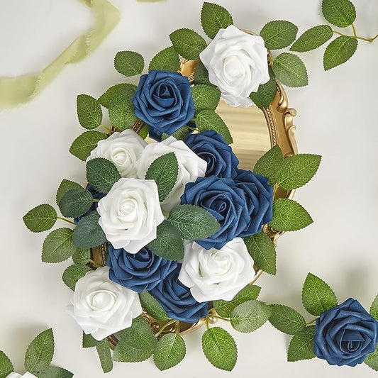 Artificial Flowers, 25pcs Blue and White Fake Flower for DIY Wedding Bouquets Centerpieces Arrangements, Artificial Rose with Stem for Party Home Decorations