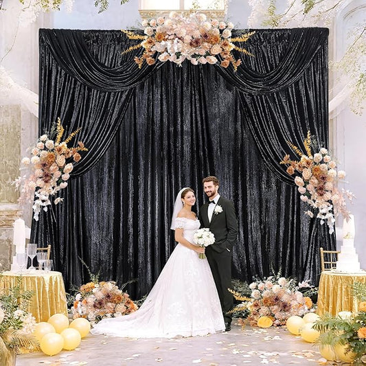 9.6x8FT Black Sequin Curtains: Photo Backdrop Drapes 2 Pieces 4.8x8FT Birthday Backdrop for Hallween Decorations Arch Backdrop