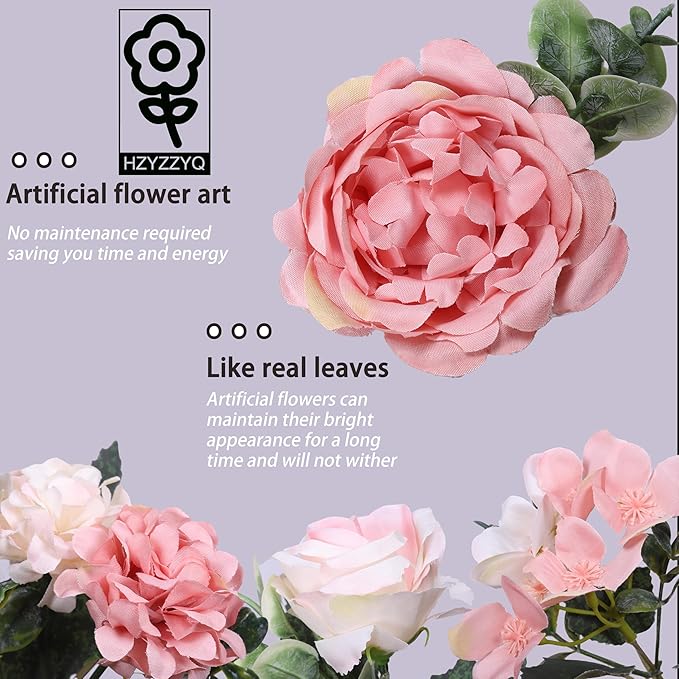 2 Pack Artificial Peony Flowers, Silk Peonies Flowers Fake Peonies Artificial Flowers Peonies Hydrangea Bouquet for Centerpiece Table Wedding Party Home Decor (2, Pink + White)