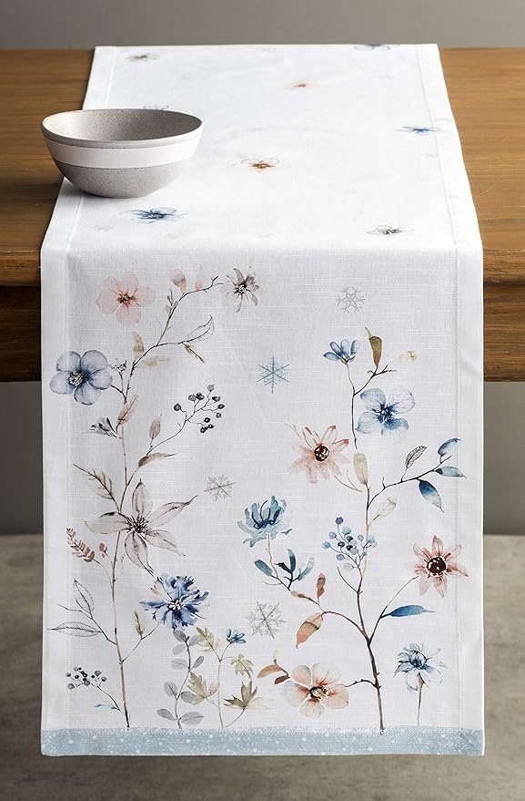 Maison d' Hermine Table Runner 100% Cotton Single Layer Table Runners 36 inches Long for Thanksgiving Christmas Decorations Home Kitchen Dining Party Wedding (Ice Florals, 14.5" x 36")