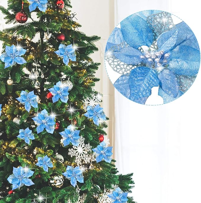 Boao 24 Pieces Christmas Artificial Glitter Poinsettia Flowers Xmas Flowers Wedding Christmas Tree New Year Ornaments(Blue)